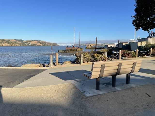 A picnic bench on the Benicia waterfront overlooking the Carquinez Strait